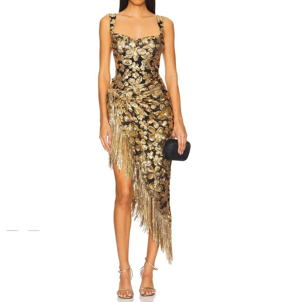 For Love And Lemons Anisa Black and Gold Midi Dress